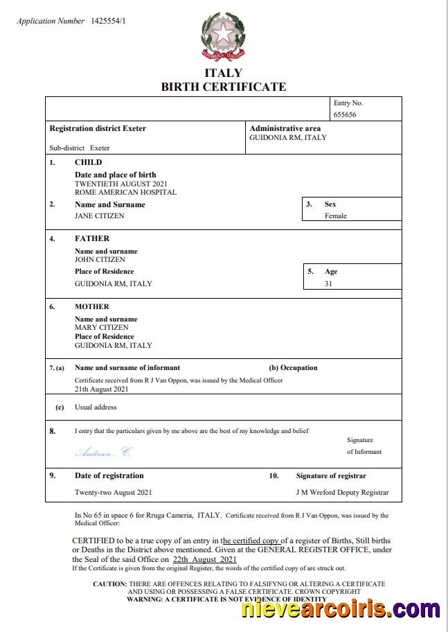 Italy birth certificate